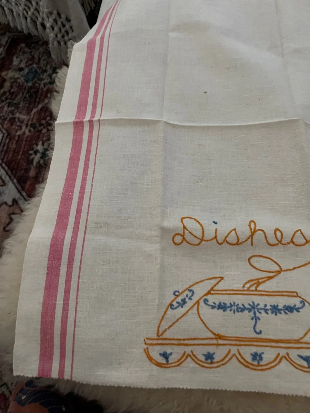 White Embroidered Kitchen Tea Towel with Blue & Orange Dish Motif
